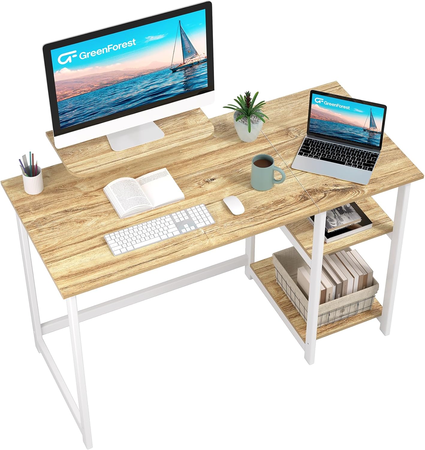 GreenForest Desk with Storage, Small Computer Desk with Monitor Stand, Gaming Desk with Reversible Shelves, 100 cm Home Desks and Computer Workstations, Beige