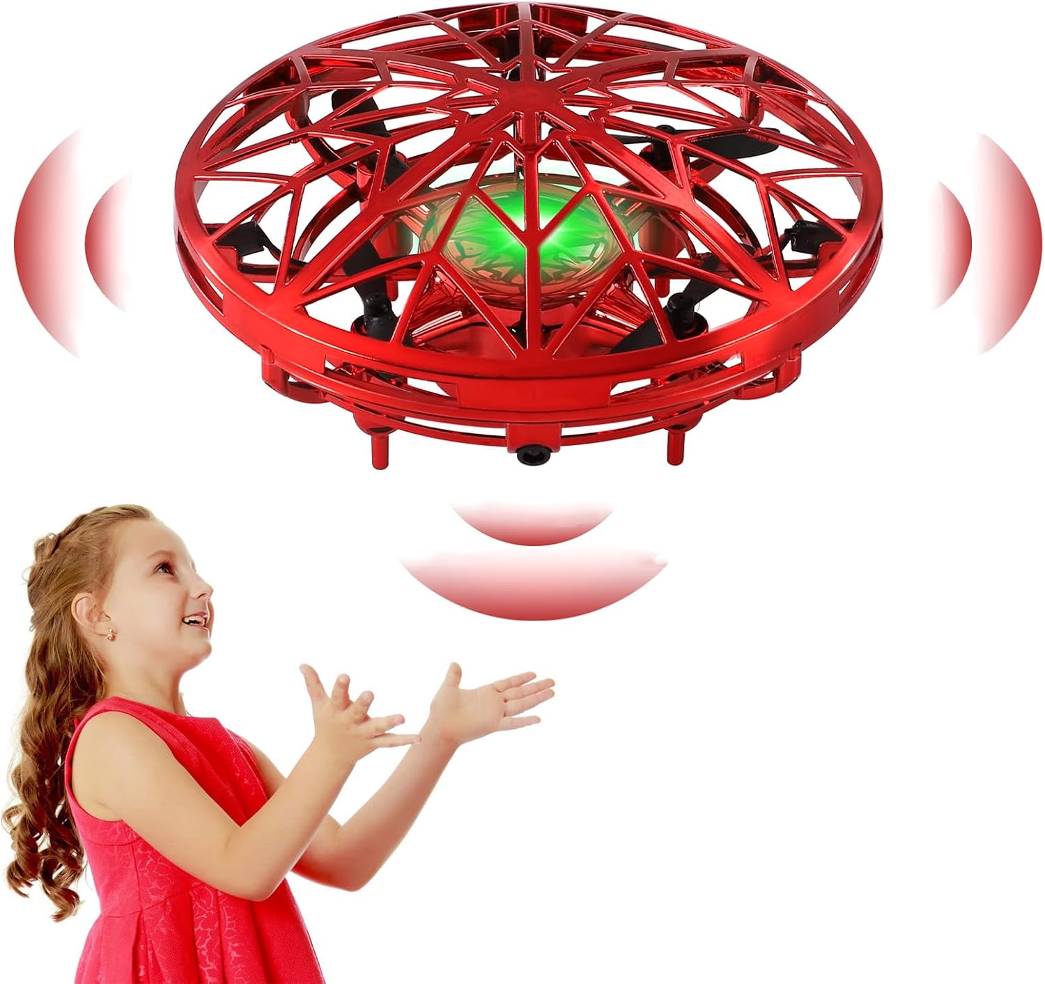 Dron UFO for Kids, Mini Infrared Sensing Drone with LED Light, 360° Rotatable Floating Toy, Suitable for Indoor and Outdoor Use for Boys and Girls Aged 6-14 Years (Red)