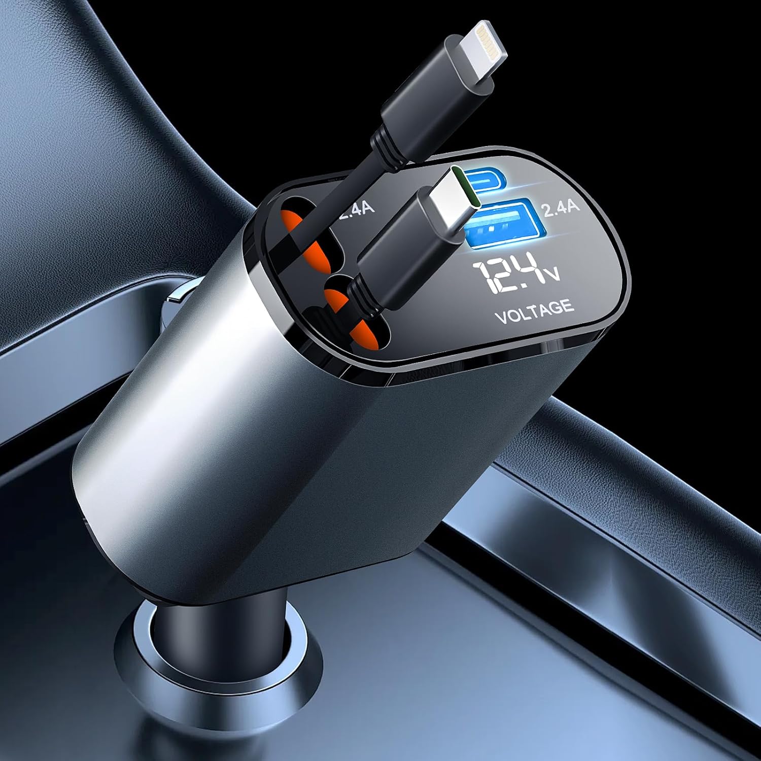 Retractable Car Charger, Euakee 120W 4-in-1 Phone Charger, 2.6 FT Fast Charging Cables and Charger Adapter Compatible for iPhone/iPad/Galaxy/Google/Huawei (Lightning+Type C)