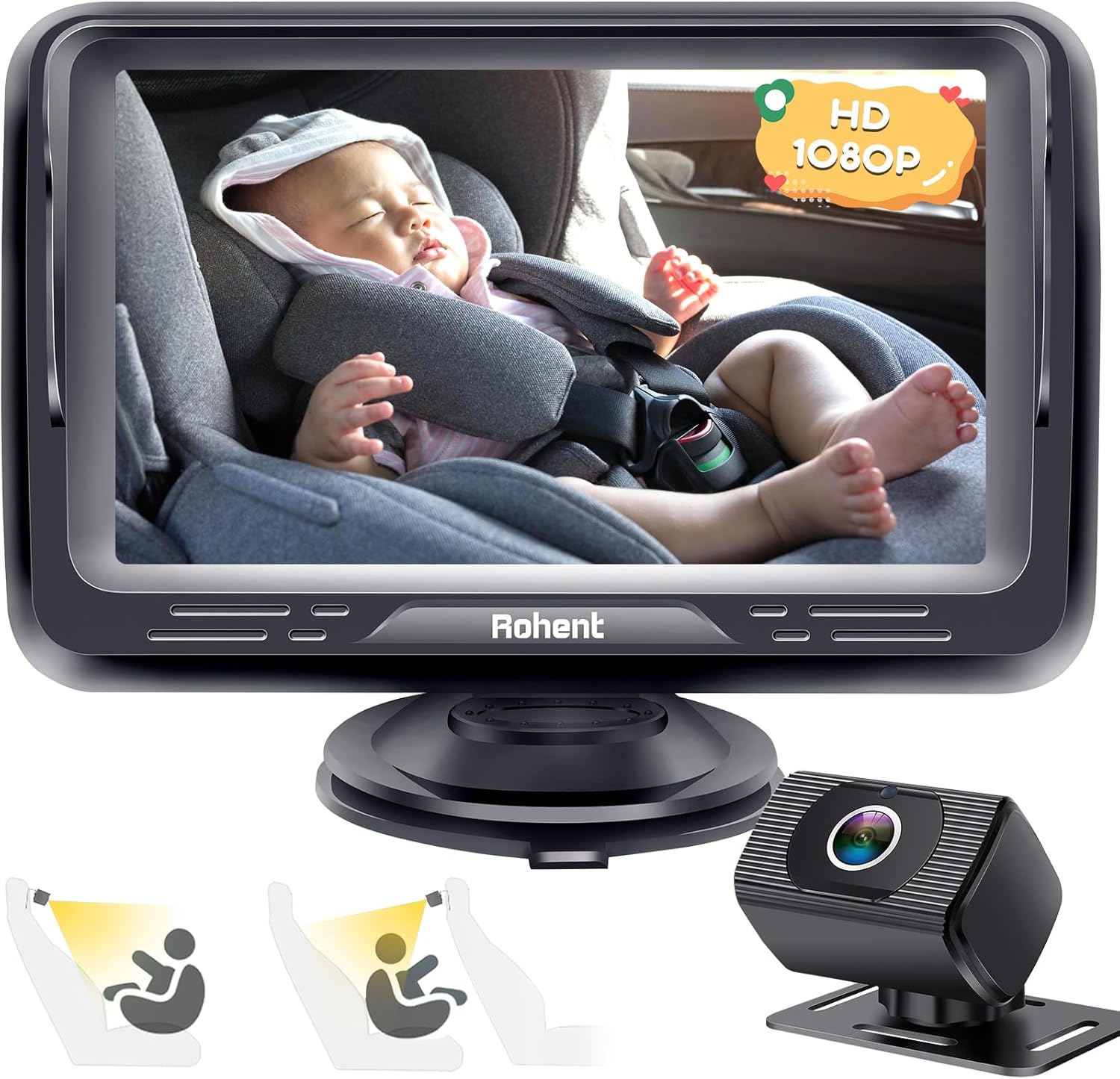 Baby Car Mirror HD 1080P Baby Car Mirror 5 Mins Easy Installation Crystal Night Vision Infant Travel Safety Kit Rohent N06
