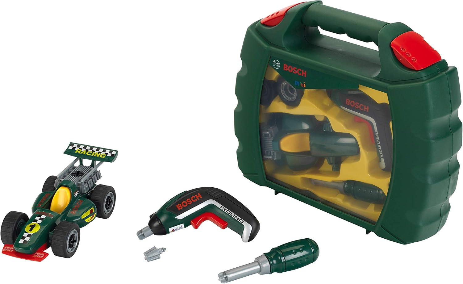 Theo Klein 8395 Bosch Grand Prix Case with Ixolino II Electronic Screwdriver and Screwdriver - Racing Car to assemble and disassemble - Dimensions: 32 x 9 x 26 cm - for children from 3 years old