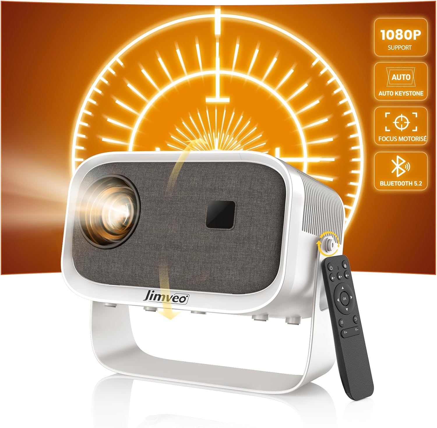Jimveo 360° Rotating Projector + Electric Focus Mini Video Projector 19000L 1080P WiFi6 Bluetooth 45° Auto Correction Trapezoidal Portable Video Projector for Home Cinema