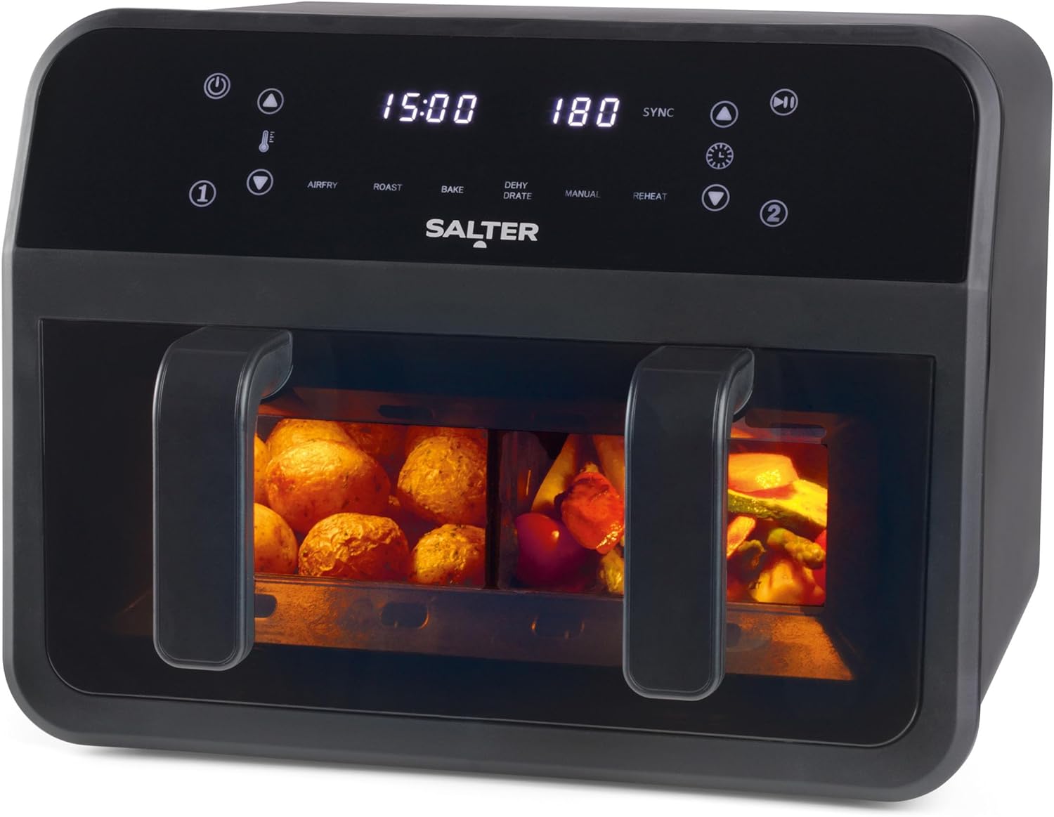 Salter EK5872VDE Dual View Air Fryer, 7L Non-stick Baking Tray with Removable Divider, Large Family Capacity, Viewing Window, LED Digital, 6 Functions, 2300W