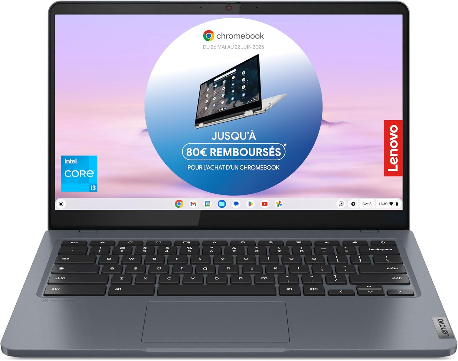 Lenovo Chromebook Plus IdeaPad Slim 3 14IAN8 with Google AI - 14 Inch Full HD Laptop (Intel Core i3-N305, 8GB RAM, 128GB eMMC, Intel UHD Graphics, ChromeOS) AZERTY FR Keyboard - Grey