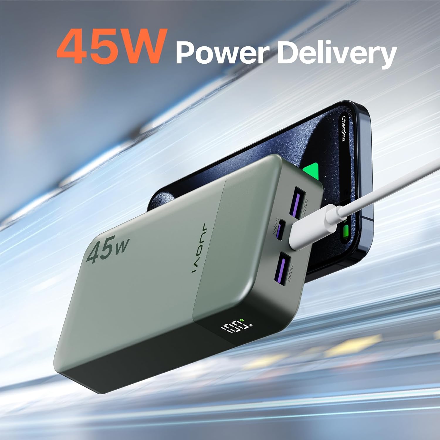 JUOVI J2621 External Battery 45W 20000mAh Power Bank, Portable External Charger Quick Charge PD 3.0 QC 4.0 USB-C in & Out Compatible with iPhone 16 15 14 13 12 Tablet Macbook Samsung S24 S23 S22