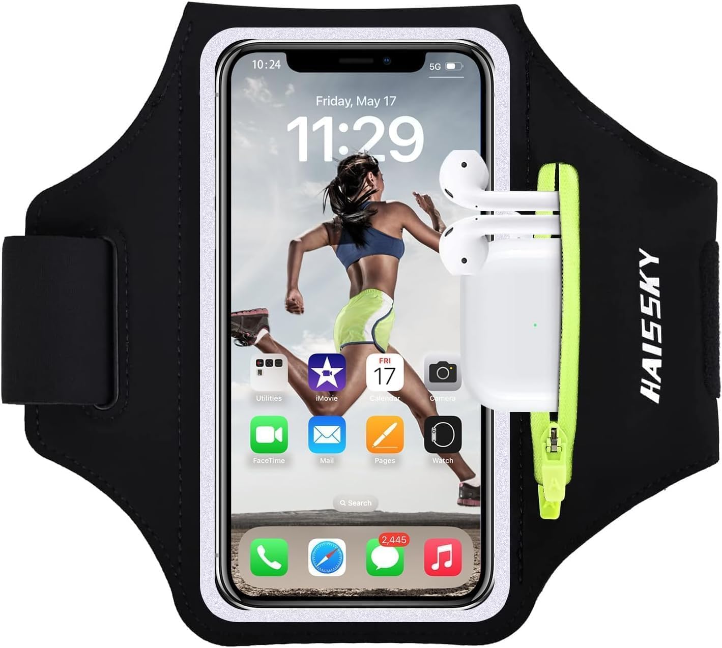 Sports Armband with Airpods Car Key Zipper Pocket, Water Resistant Phone Armband for iPhone 16/15/14/14 Pro Max/13 Pro/12 Pro Max/XR/XS Smartphone Running Armband 6.9 Inches for Jogging