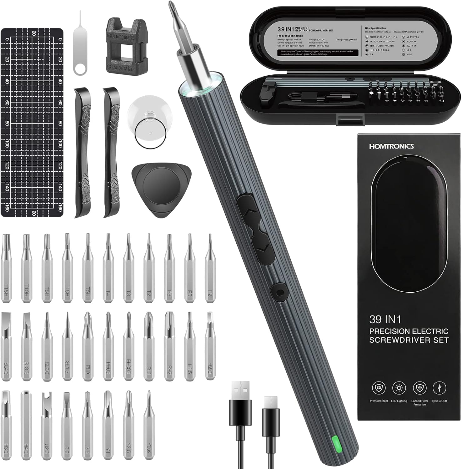 Homtronics Precision Mini Electric Screwdriver [0.45-0.65/4N.M Torque, Wireless], 39 in 1 Rechargeable Screwdriver with USB, for Watches, Glasses, Drone, PC