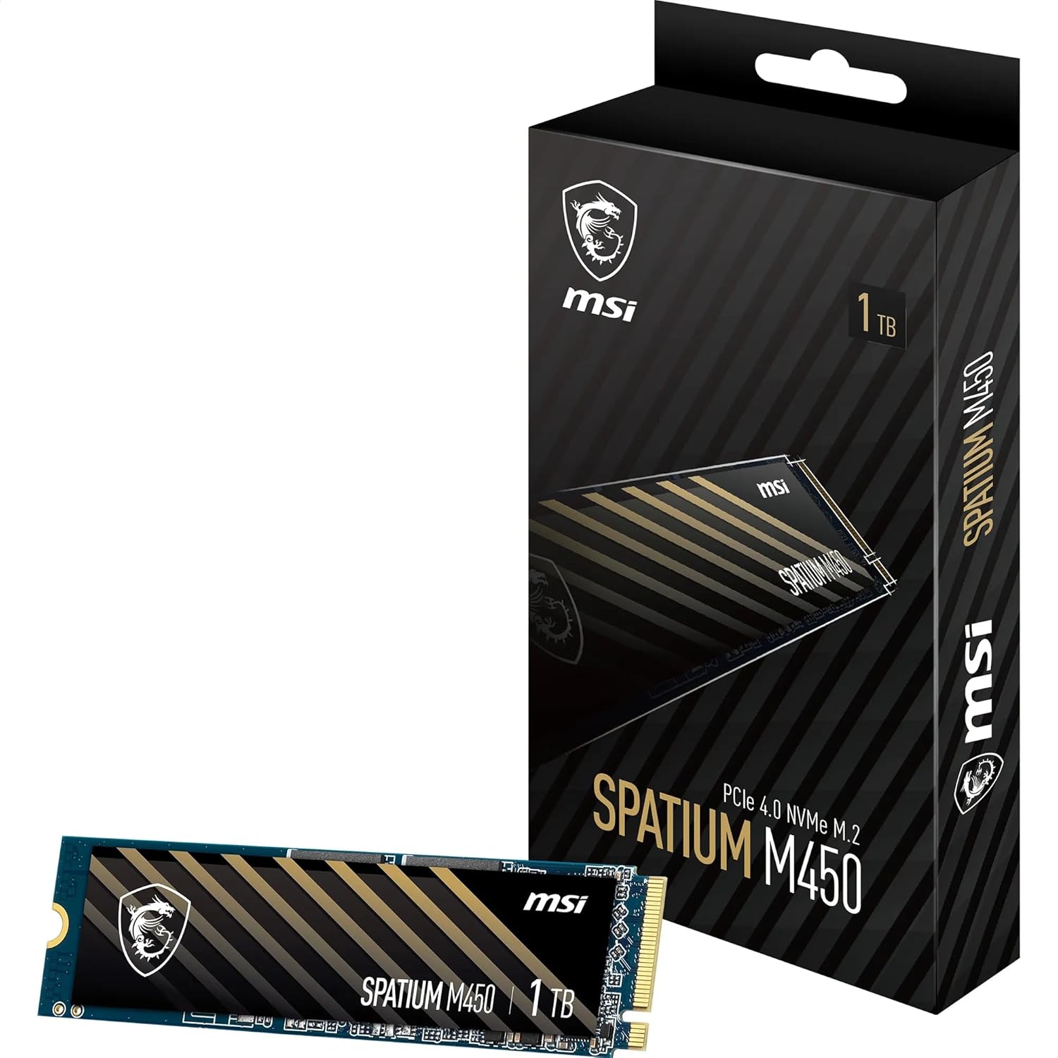 MSI SPATIUM M450 PCIe 4.0 NVMe M.2 1TB Internal Solid State Drive, PCIe 4.0 NVMe M.2, 3600 MB/s Read & Write 3000 MB/s, 3D NAND, Integrated Data Security, 600 TBW, 5-Year Warranty