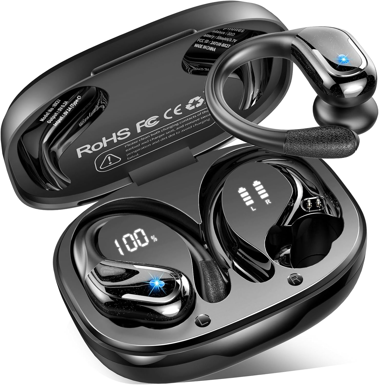 Bluetooth 5.4 Wireless Sports Earbuds, 75 Hrs Wireless Headset with 3D HiFi Stereo, 4 ENC Noise Reduction Mics, IP7 Waterproof, USB-C Quick Charge Running Headphones, LED Screen Earbuds Android iOS