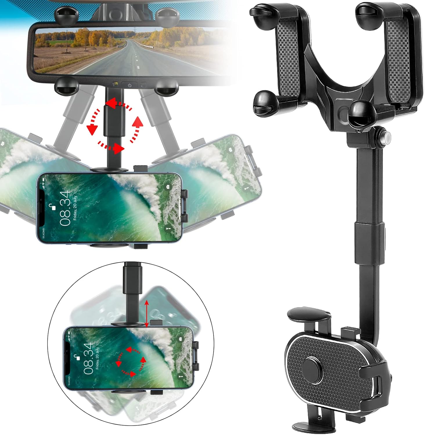 Teklemon Car Phone Holder, Portable Car Rearview Mirror Phone Holder 360° Flexible Retractable Multifunctional Rotatable Car Phone Holder for 3 to 7 Inch Smartphone