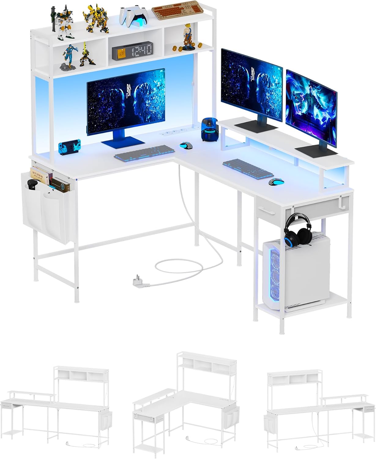 KIMENICH LED Gaming Desk Corner Desk with Storage, Power Strip with 2 USB Charger, 3 Sockets, Screen Stand, Shelf, Drawer, Hooks and Pocket, White