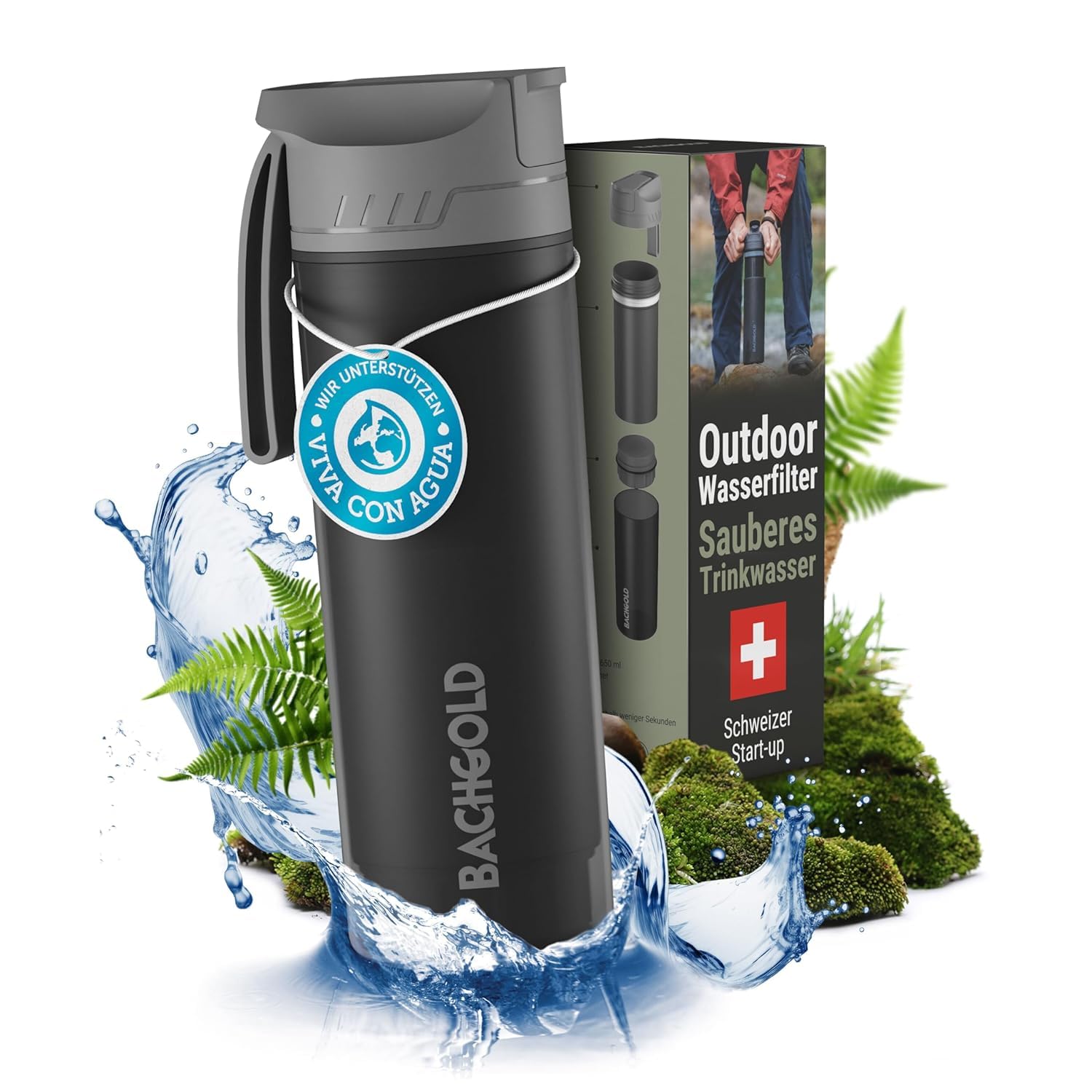 Bachgold® Professional Outdoor Water Filter Bottle [650 ml] with 1500 L Filter Capacity I Removes 99.99% of All Bacteria and Filters Viruses, Particles and Heavy Metals (noir, 500ml)