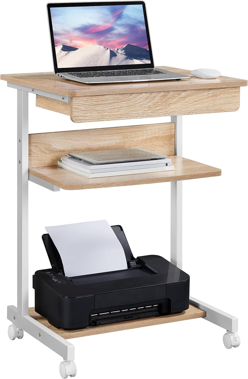 Yaheetech Computer Table Laptop Desk Rolling Workstation 56 x 51 x 79 cm with 1 Drawer and 2 Shelves Light Oak