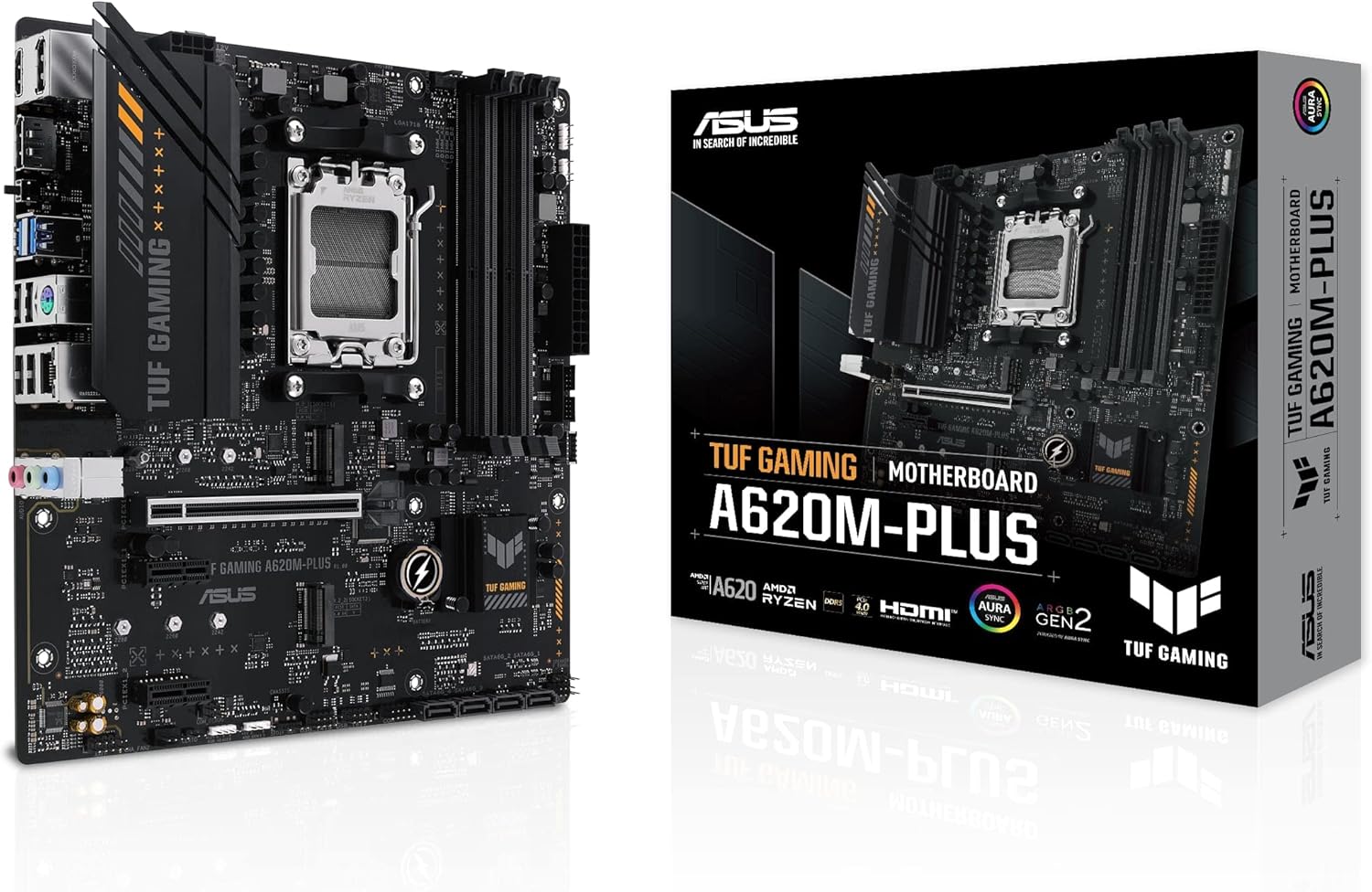 ASUS TUF GAMING A620M-PLUS AMD AM5 A620 microATX Motherboard (DDR5, PCIe 4.0, 2x M.2, Realtek 2.5Gb Ethernet, 2x DisplayPort, HDMI, USB 3.2 Gen 1, SATA 6Gbps, M.2 Q-Latch, Arua Sync RGB)