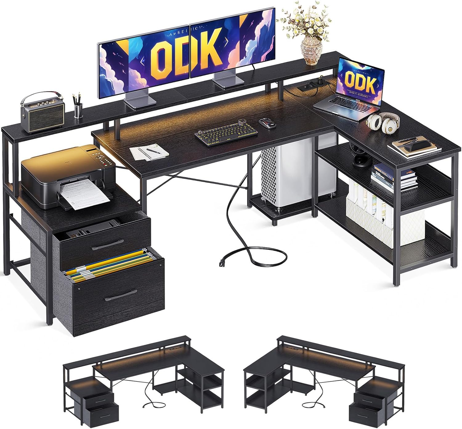 ODK Bureau avec Tiroirs, Grand Bureau d'angle Réversible avec Rangement, avec Prises, Ports USB et LED, Noir 172.5×100 cm