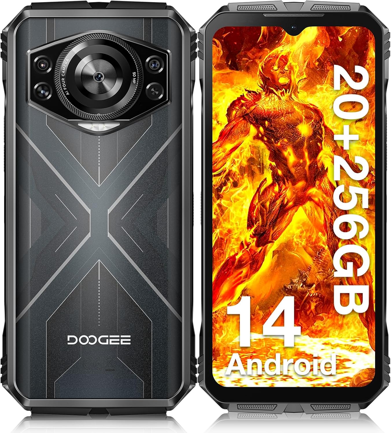 DOOGEE S Cyber Unbreakable Mobile Phone Android 14, 10800mAh Battery 20GB+256GB 6.58 Inch FHD+ 50MP Screen AI Unbreakable Smartphone Camera, Octa Core/NFC/IP68/IP69K/GPS/OTG, Black Silver