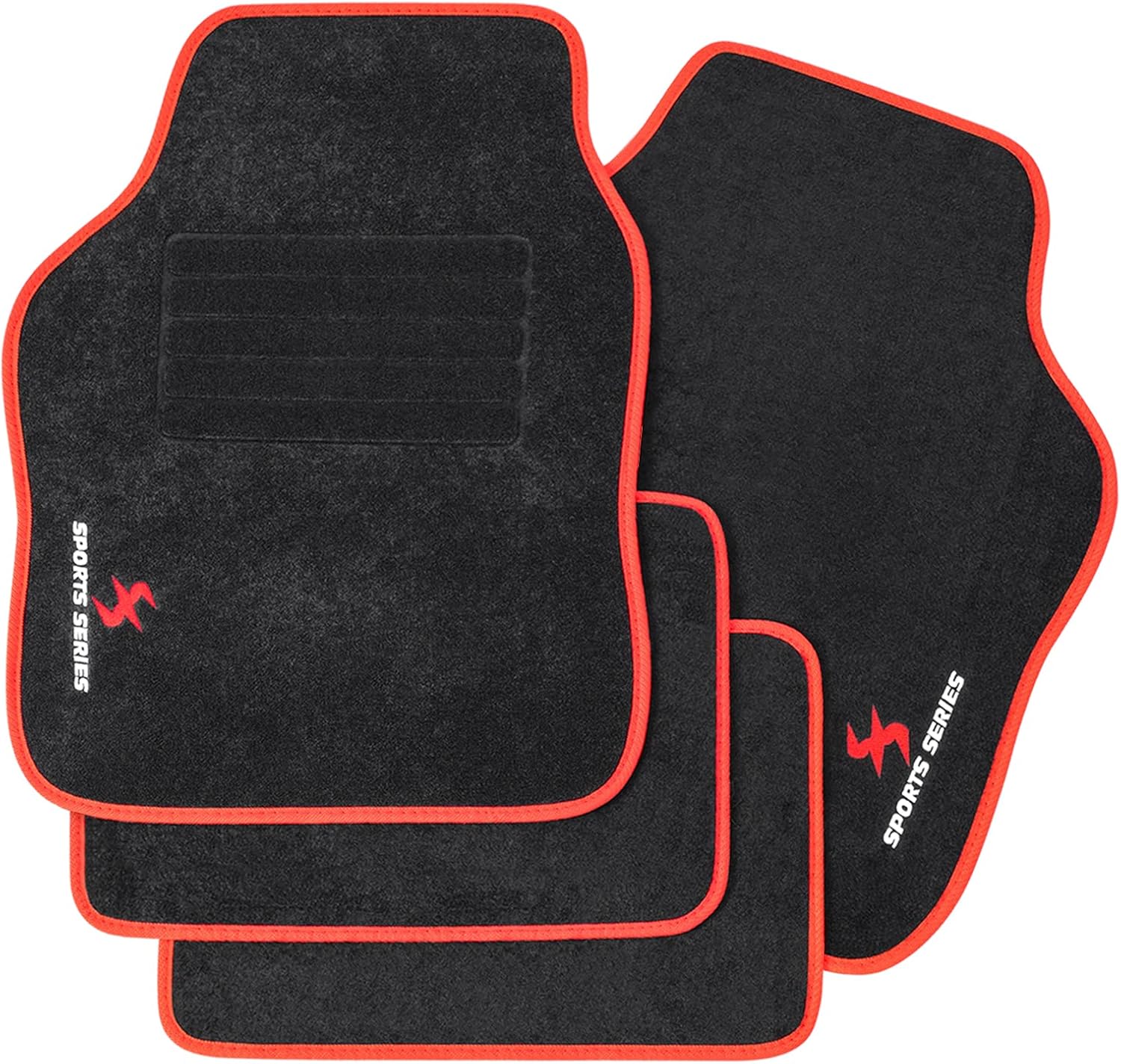 WOLTU Car Floor Mats, Embroidery Sports Protectors, 4 Pieces, Front and Rear Universal Non-Slip Mats Black Red