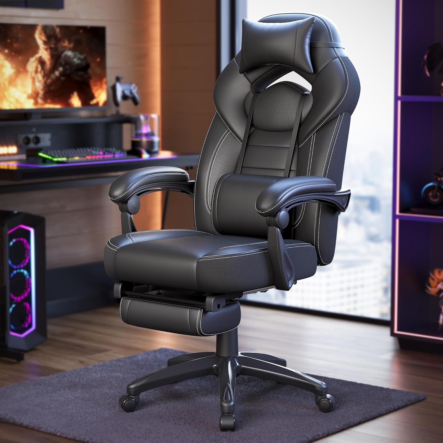 SONGMICS Gaming Chair Ergonomic Computer Chair with Footrest Adjustable Head Cushion Lumbar Support 150kg Load Capacity Black OBG077B01