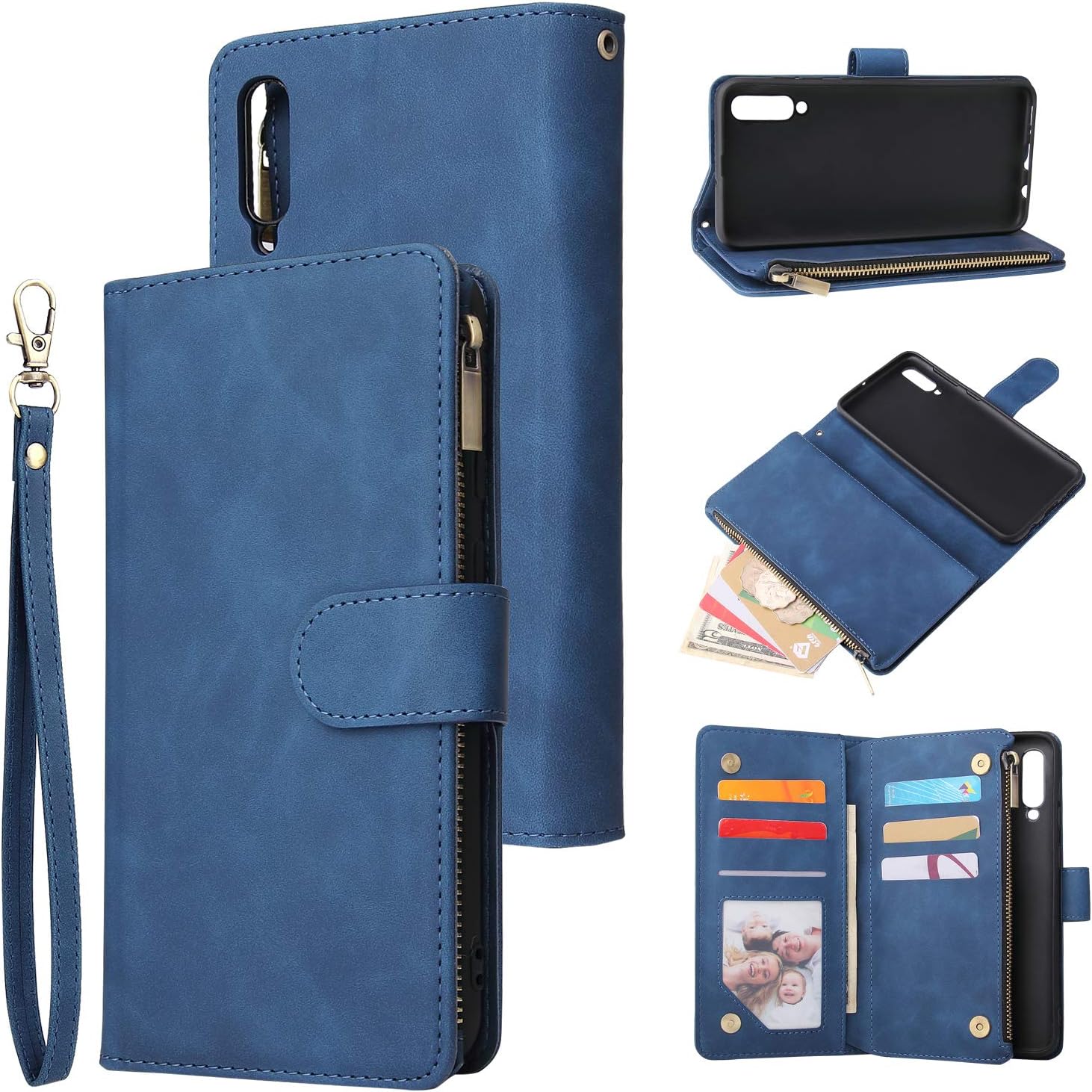 UEEBAI Case for Samsung Galaxy A50, PU Leather Wallet Retro Shockproof Flip Case Cover with Card Slots Stand Function, Magnetic Closure - Blue