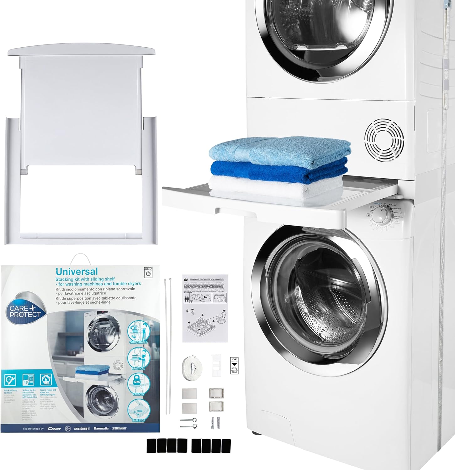 CARE+PROTECT Universal Overlay Kit for Washing Machine Depth 47 to 62 cm and Standard Size Tumble Dryers with Sliding Shelf - Space Saving - White - Rounded Front