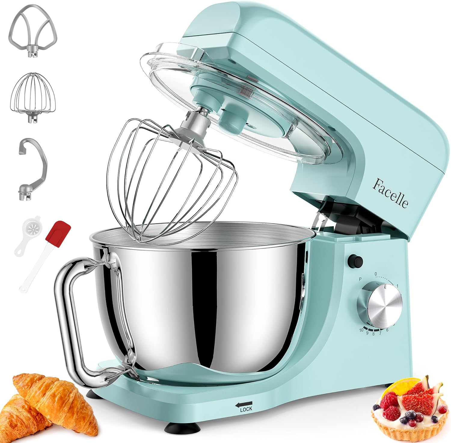 Facelle 1300W Multifunctional Pastry Processor, 10 Speeds with Pulse Professional Petrin Processor, Kitchen Processor with Bowl 5.5L, Whisk, Dough Hook and Flat Mixer (Blue)