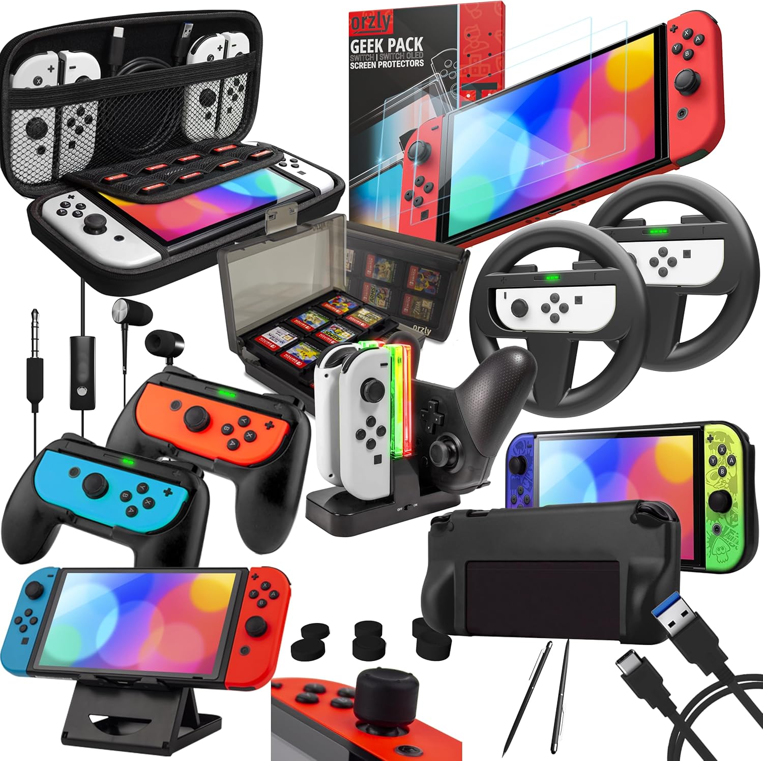 Orzly Accessory Kit Designed for Nintendo Switch Geeks Accessories and OLED Console Case and Screen Protector, Joycon Handles and Wheels for Improved Game and More - Jet Black