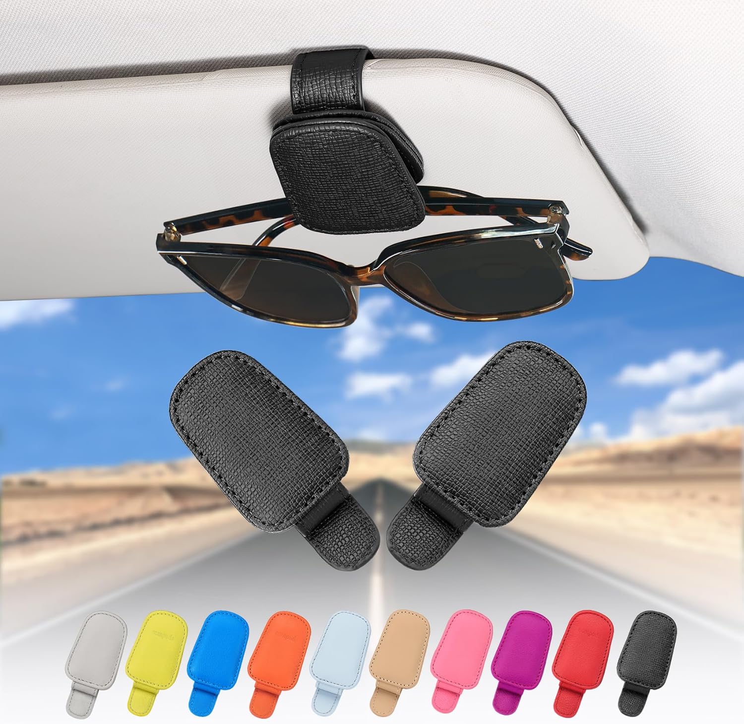 quipuda 2 Pieces Genuine Leather Magnetic Glasses Holder for Car Sun Visor Accessories, Auto Glasses Clip, Ticket and Card Clip (Black)