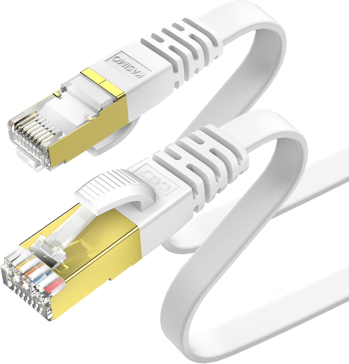 KASIMO Cat 7 Flat Ethernet Cable, RJ45 Cable, Gold Plated Connectors - 10Gbps - 600MHz High Speed LAN Network Cable - 1.5m White