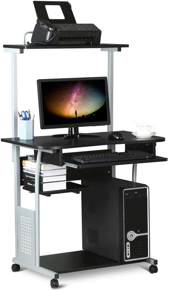 Yaheetech Computer Desk Computer Desk 80 x 50 x 132 cm with Storage Shelves for Printer on Wheels with Brakes Black Table for Small Space Black