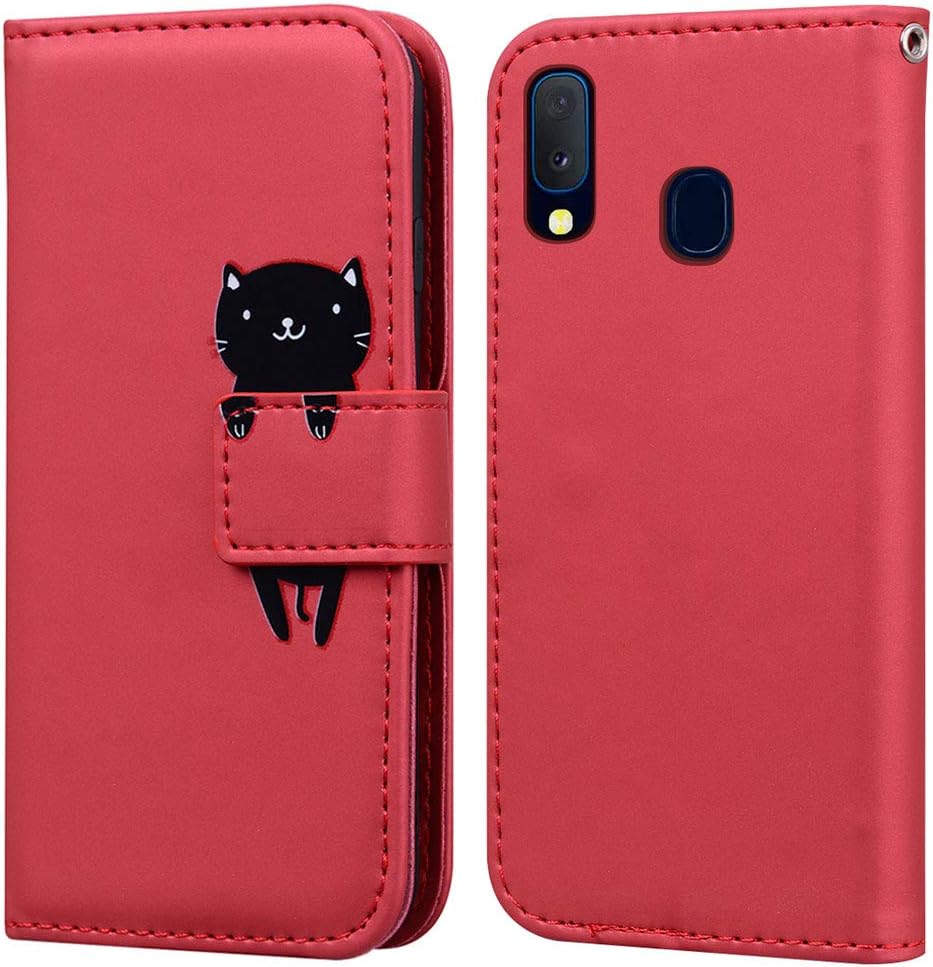 Ailisi Case for Samsung Galaxy A40, Cute Cartoon Animal Cat PU Leather Wallet Case Cover with Stand Function, Magnetic Closure, Card Slots – Dark Red