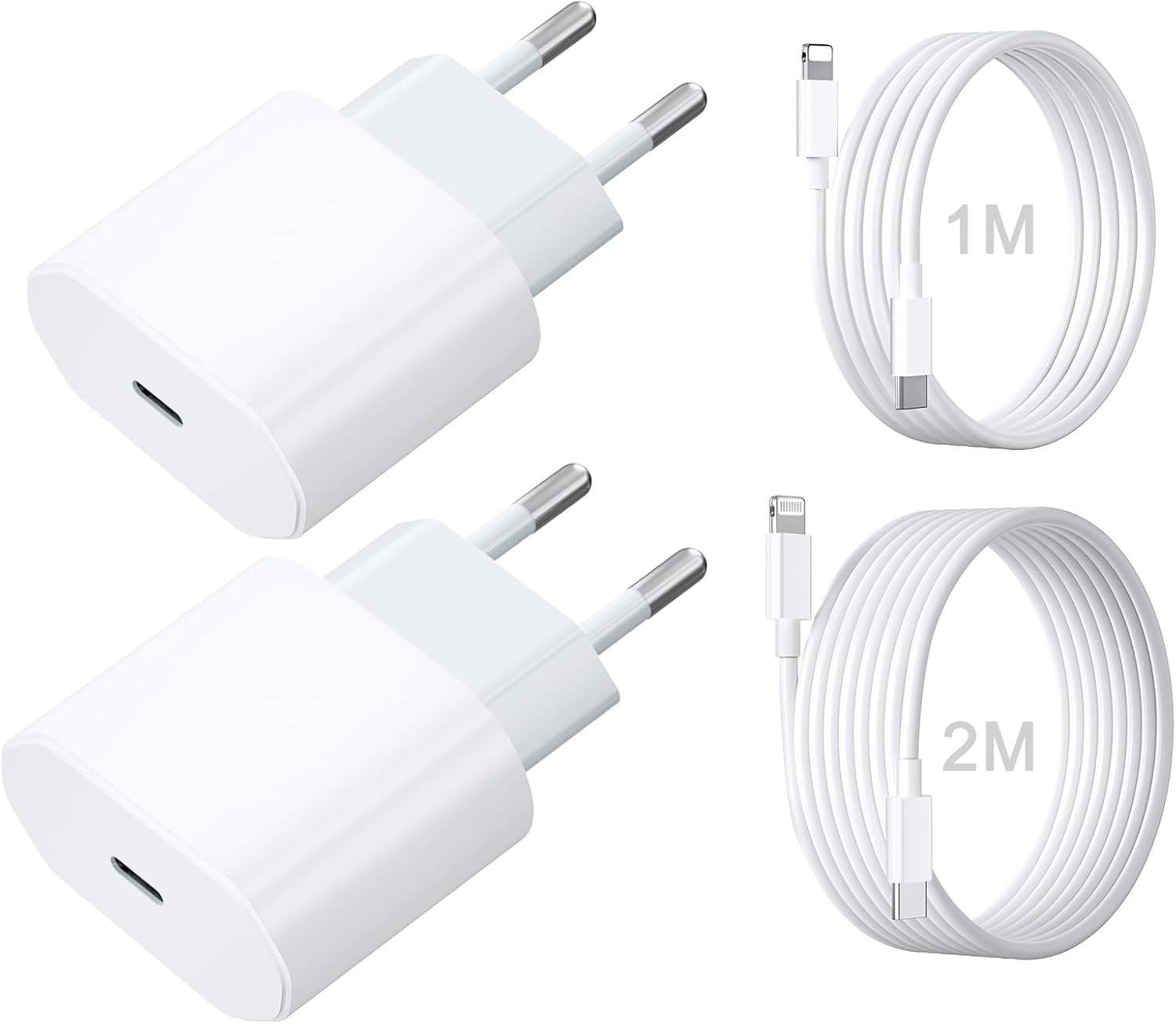 Dual Fast Charger iPhone 20W with iPhone 2M Cable + iPhone Charger with iPhone 1M Cable, USB C Charger for iPhone 14/13/12/11/X/ 8/7