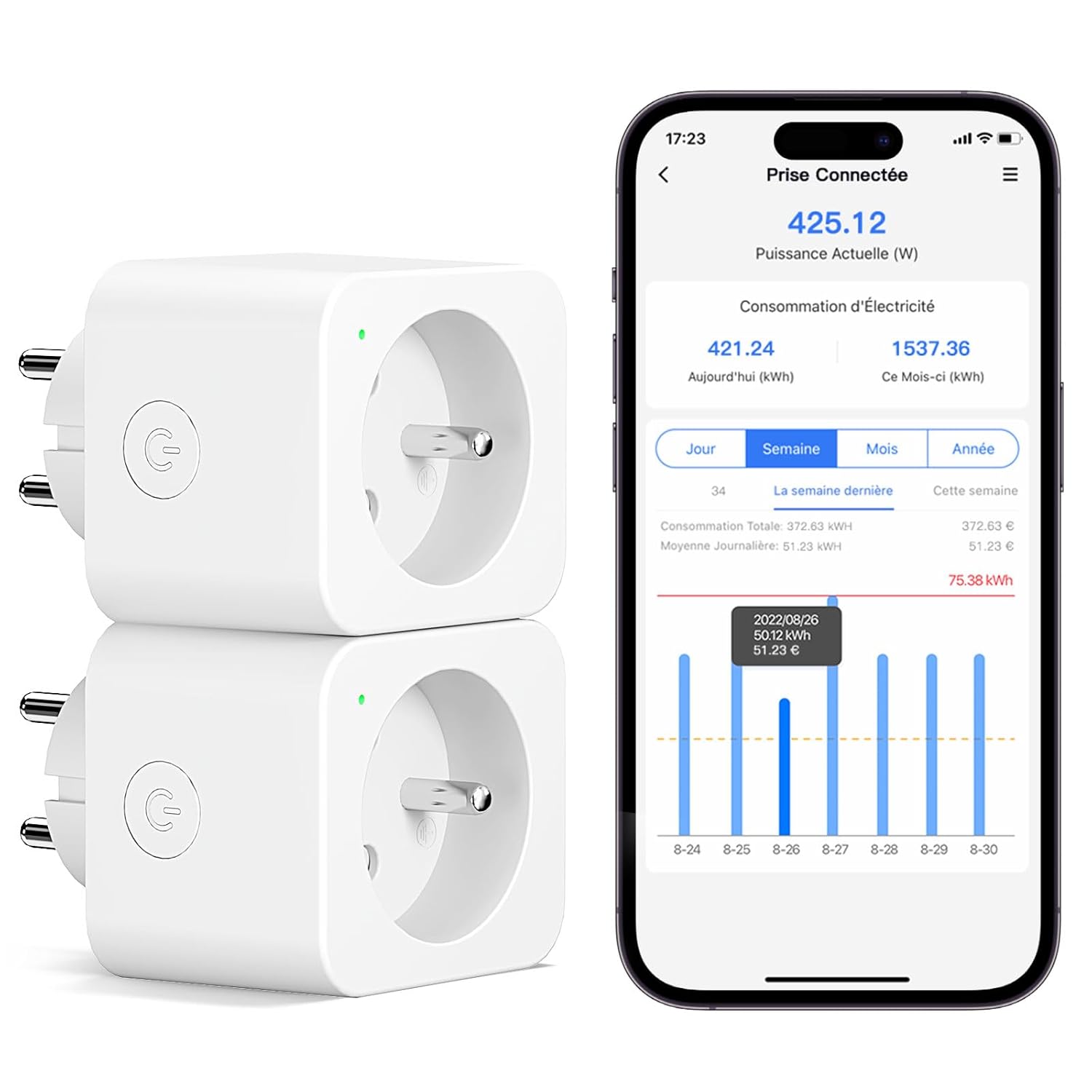 Meross Connected Socket (FR), 16A WiFi Socket Compatible with Alexa and Google Home, Pack of 2 Smart Consumption Measuring Sockets with Voice Control, Remote Control and Bluetooth Configuration