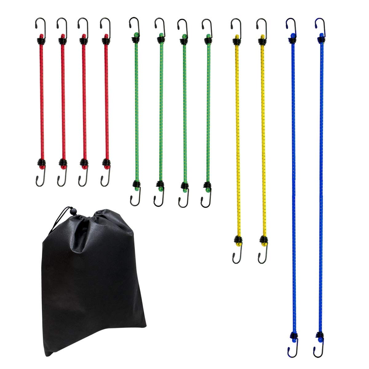 Amazon Basics Heavy Duty Bungee Cords, Multiple Lengths - Multicolour (Pack of 12), 88cm, 59cm, 46cm, 38cm