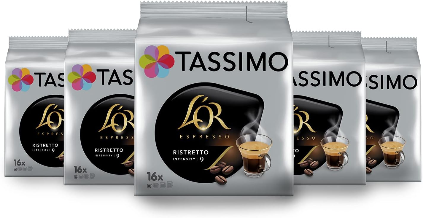 Tassimo, 80 Ristretto L'OR Espresso Coffee Pods, Compatible with TASSIMO Machines, 80 Coffees, Full-bodied and Powerful, 5 Packs of 16 Pods (Packaging May Vary)