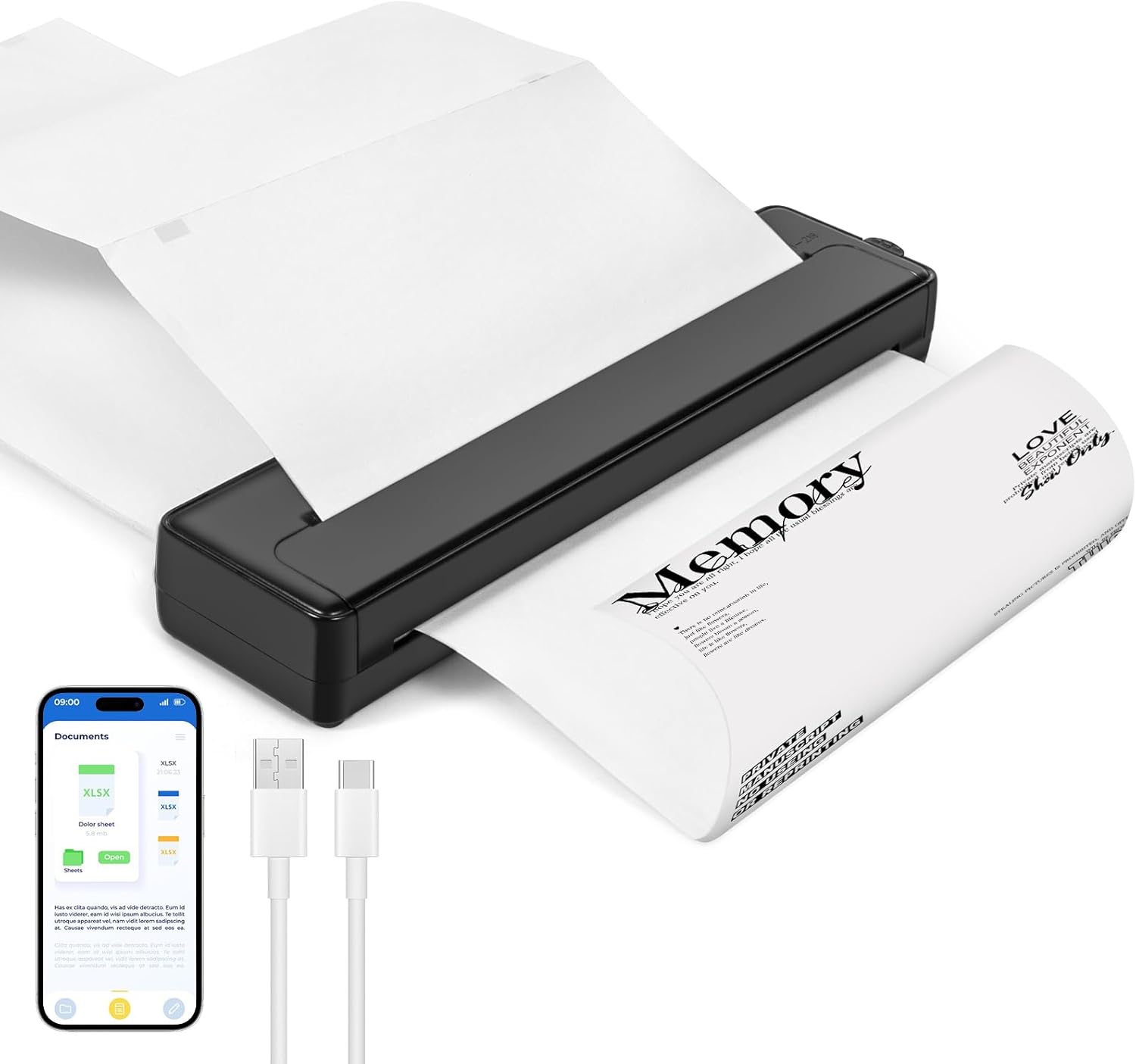 A4 Thermal Printer, Portable Printer, Compact Thermal Inkless Printer, Compatible with Bluetooth with Smartphone, USB with Tablet/Mac