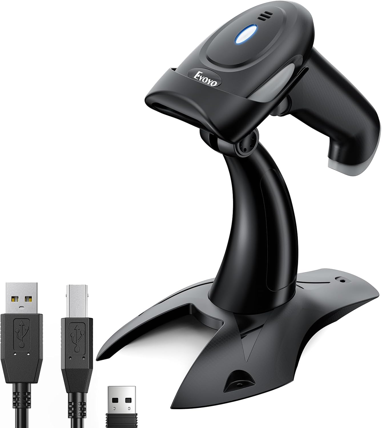 Eyoyo 1D Barcode Reader 2D QR Handheld, 3 in 1 Bluetooth Connection Mode 2.4G Wireless USB Cable, Barcode Reader with Windows, Android, iOS, Tablets (Grey with Stand)