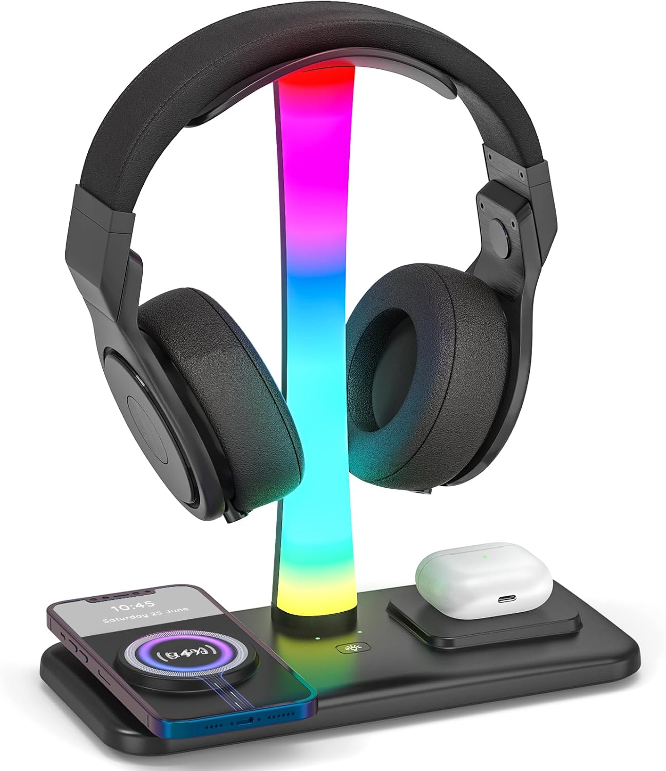 Jubor RGB Headset Holder, Gamer Headset Holder with Wireless Charger, Headphone Holder with 9 Lighting Modes, Gaming PC Accessory for Gaming Headset