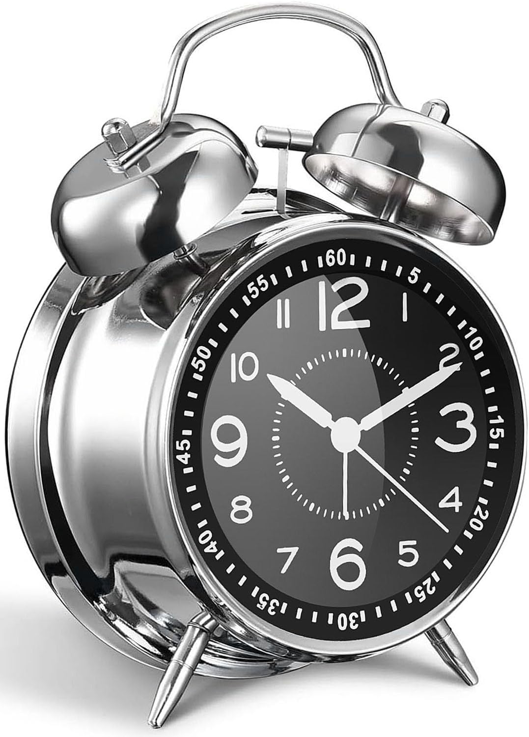 Loud Alarm Clock for Adults Heavy Sleepers, 4 Inch Metal Double Bell Battery Operated Alarm Clock for Room Decor Silent Non-Ticking (Silver)