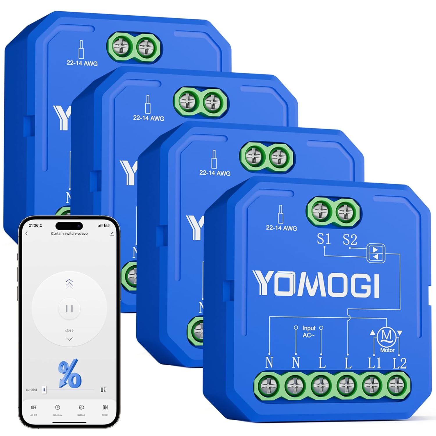 YOMOGI 4 Pack Smart Roller Shutter Module, Switch Module for WiFi Curtain Blinds, Compatible with Alexa Google Home for Remote Control, No Remote Control