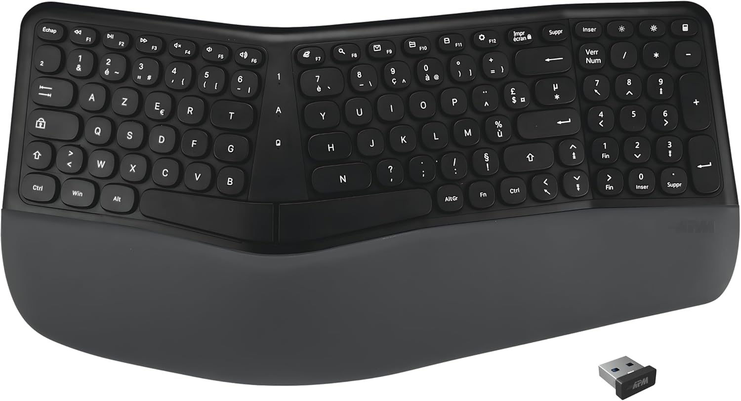 APM Ergonomic Wireless Keyboard, 2.4 GHz Receiver, Integrated Wrist Rest, French AZERTY Keyboard, Two Part Design, Compatible with PC Mac Laptop, 100043