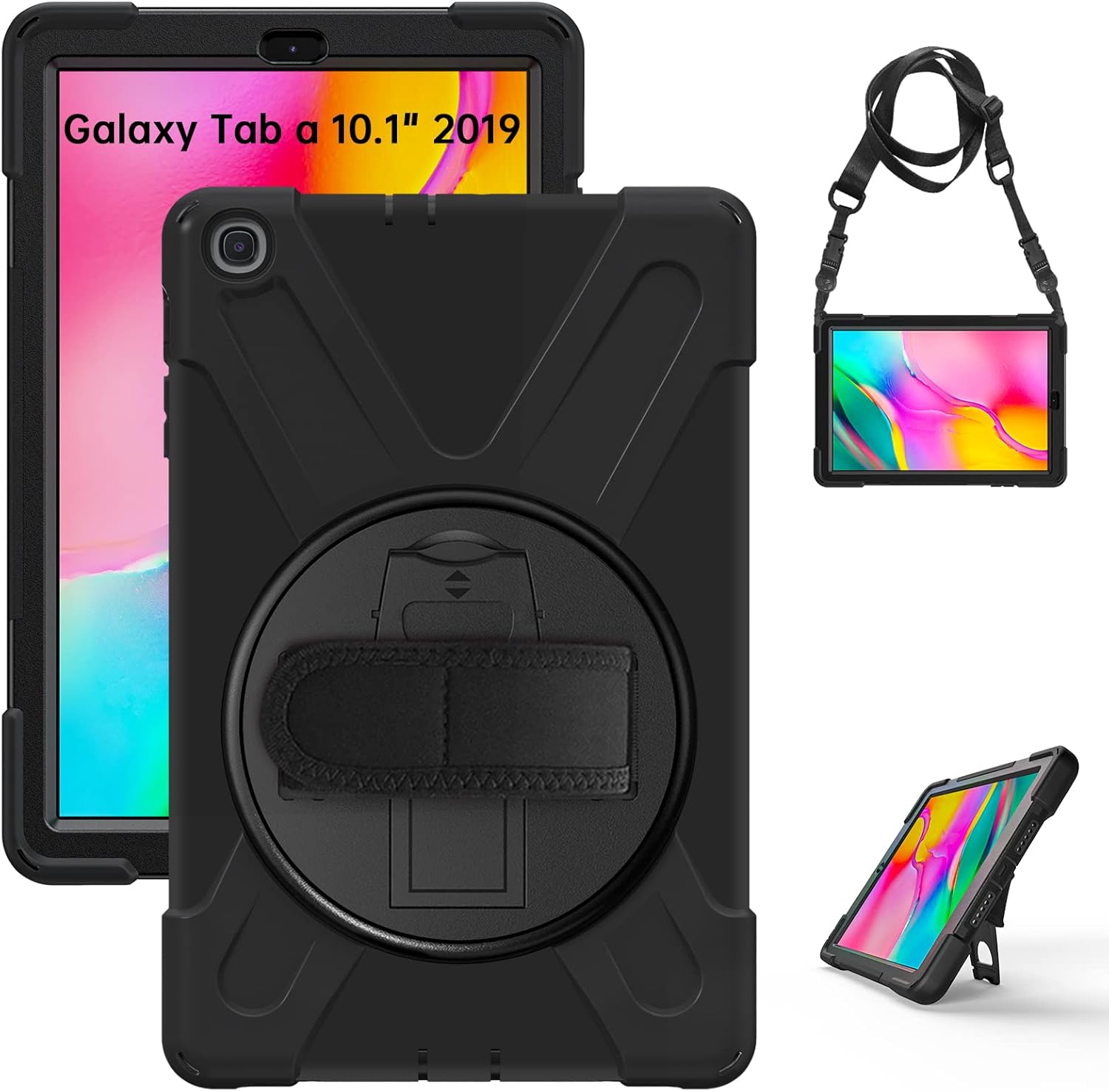Gerutek Case for Samsung Galaxy Tab A 2019 10.1 Inch T510/T515, Shockproof Rugged Case with Rotating Stand, Wrist Strap and Adjustable Shoulder Strap TPU + PC Cover for Galaxy Tab (SM-T510 SM-T515),