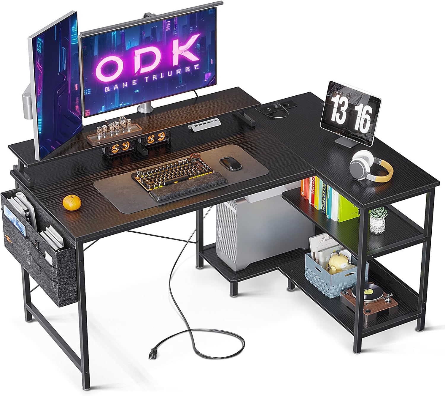 ODK Reversible Corner Desk, 120 x 80 cm L-Shaped Gaming Desk with USB Charging Port and Power Outlet, Computer Table with Monitor Stand for Bedroom Home Home (Black)