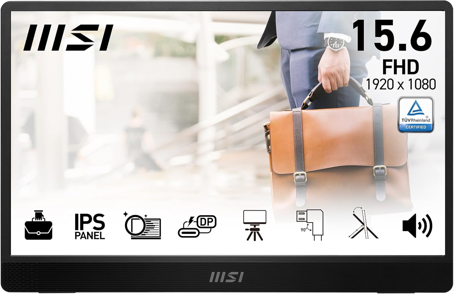 MSI Pro MP161 E2U 15.6 Inch Full HD Portable Monitor - IPS Panel 1920 x 1080, 60 Hz, Eye-Friendly Screen (PC, Laptop, Mobile), Integrated HP - Mini-HDMI 2.0b, 2 x USB Type-C