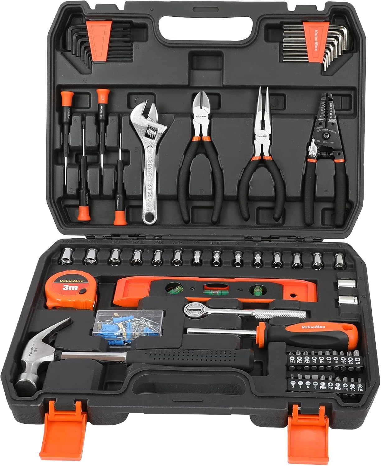 ValueMax 150 Piece Tool Box, Home Repair Tools Case, General Household Tool Kit with Plastic Storage Box, Ideal for Home or Work Use