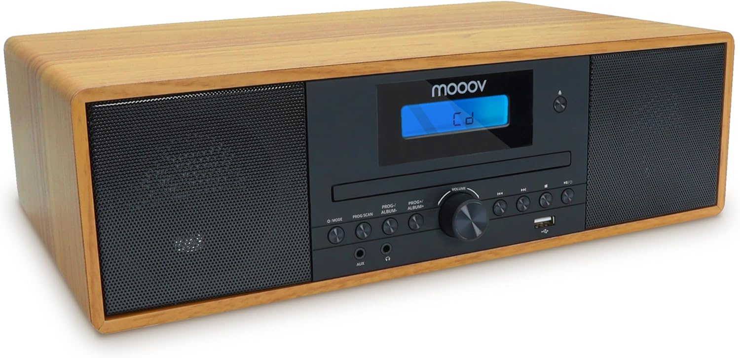 MOOOV 477380 Bluetooth Wireless Micro HiFi System, FM Radio Tuner, CD Player, USB with Remote Control Wood Effect Mini Chain Speaker Vintage Stereo Speaker