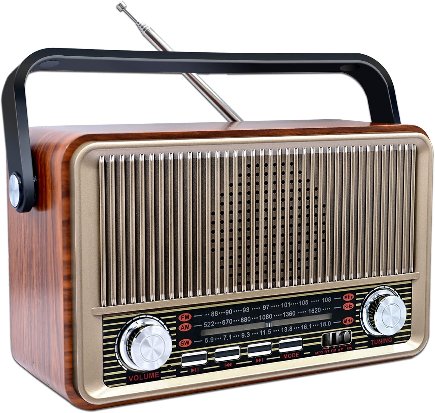 Sentasi Portable Radio, FM/AM SW, Bluetooth Radio Vintage Classic Design Wooden Support USB/TF, Radio Suitable for Home and Office Kitchens