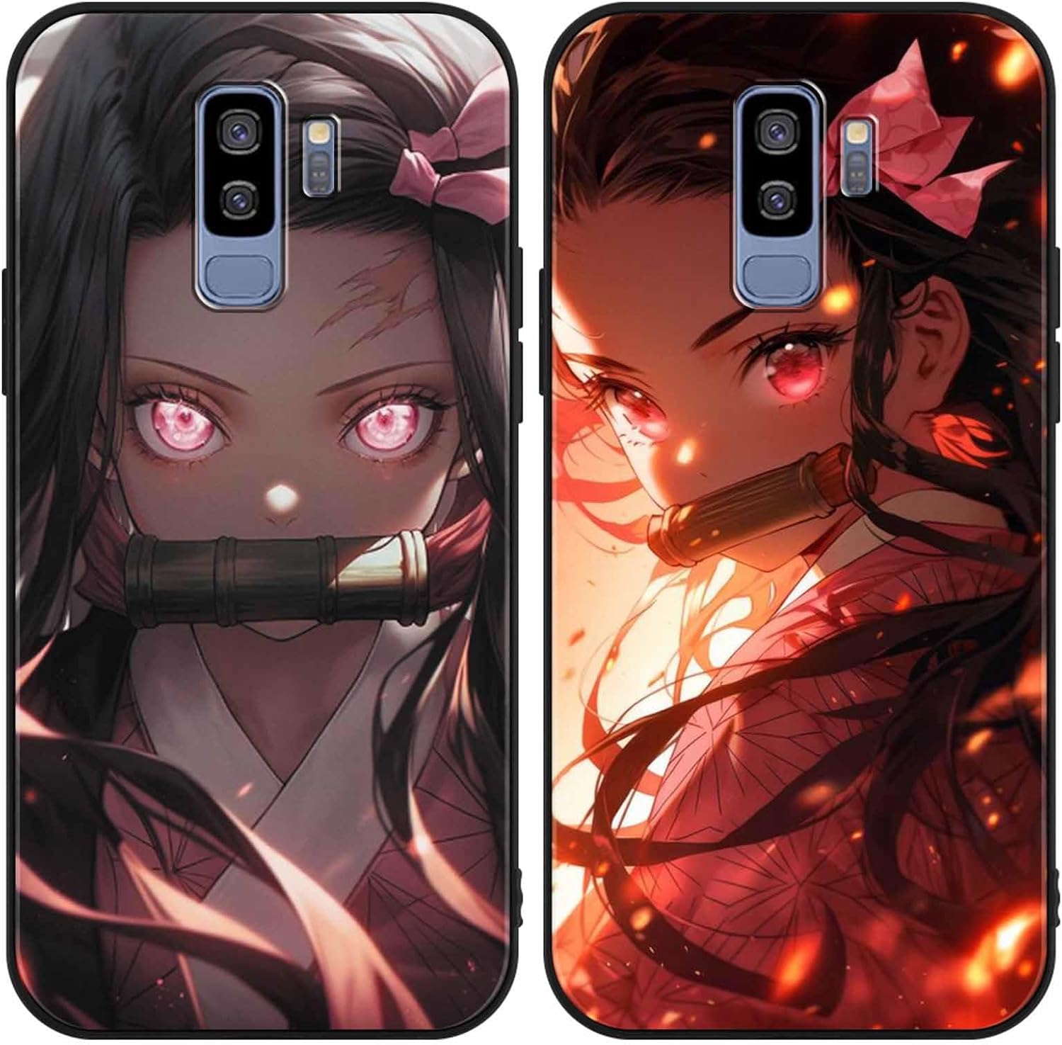 LunarDrift 2 Pieces Case for Samsung Galaxy S9 Plus 6.2 Inch, Animated Demon Slayer Kamado Nezuko Manga Black Pattern Phone Case Soft Bumper TPU Slim Soft Shockproof Protection Case
