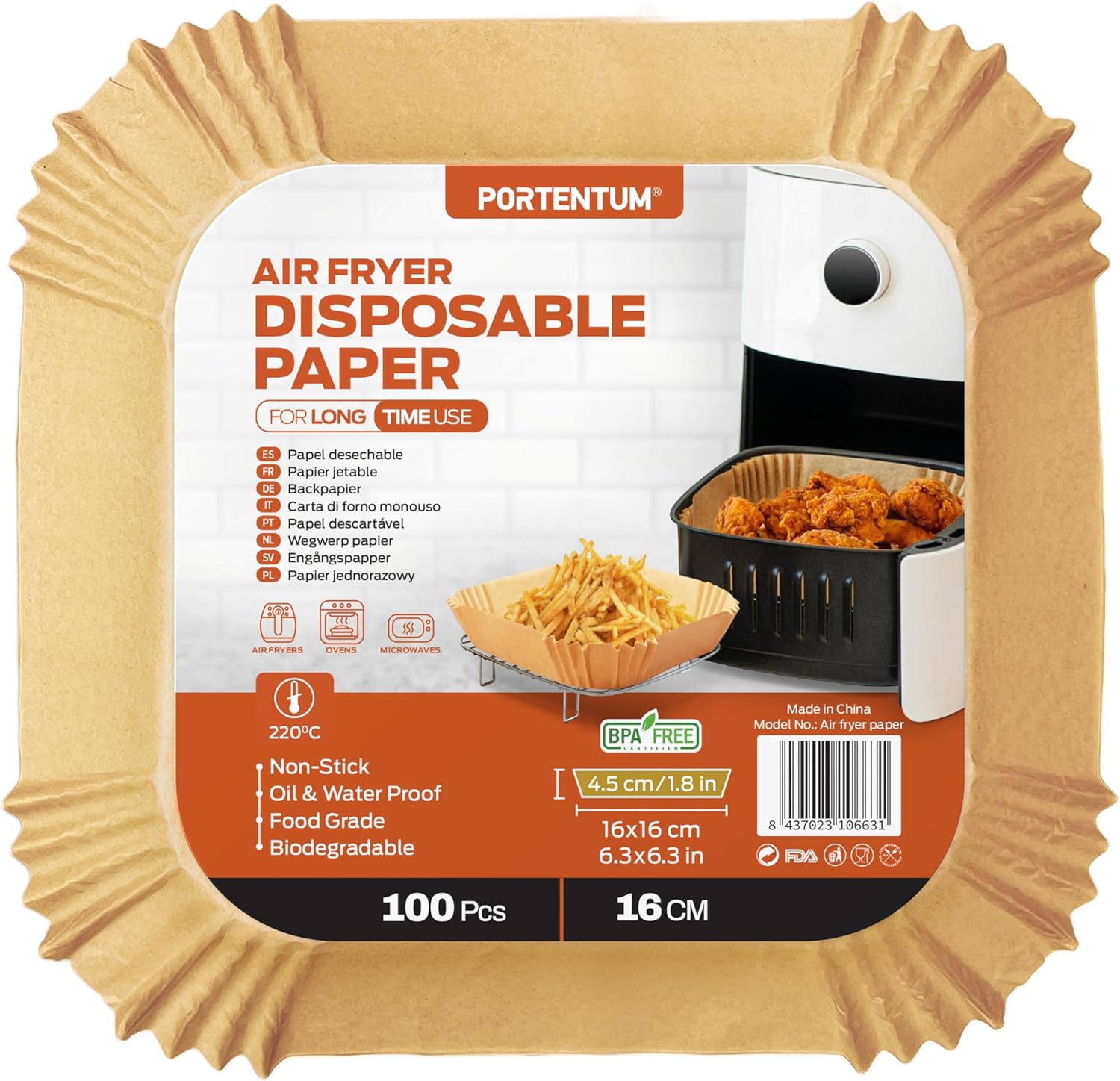 PORTENTUM Air Fryer Baking Paper - 100 Pieces Food-Grade BPA Free, 16 x 20 cm, for Oil Free Deep Fryer 3-4.5 Litre - Ideal for Healthy Cooking
