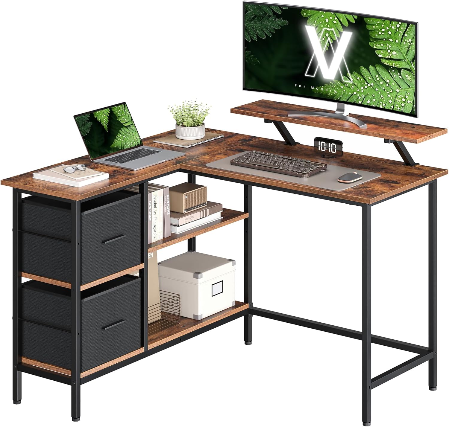 VASAGLE L-Shaped Computer Desk, Corner Desk, 2 Spacious Drawers, Monitor Stand, Adjustable Shelf, Rustic Brown LWD097B01