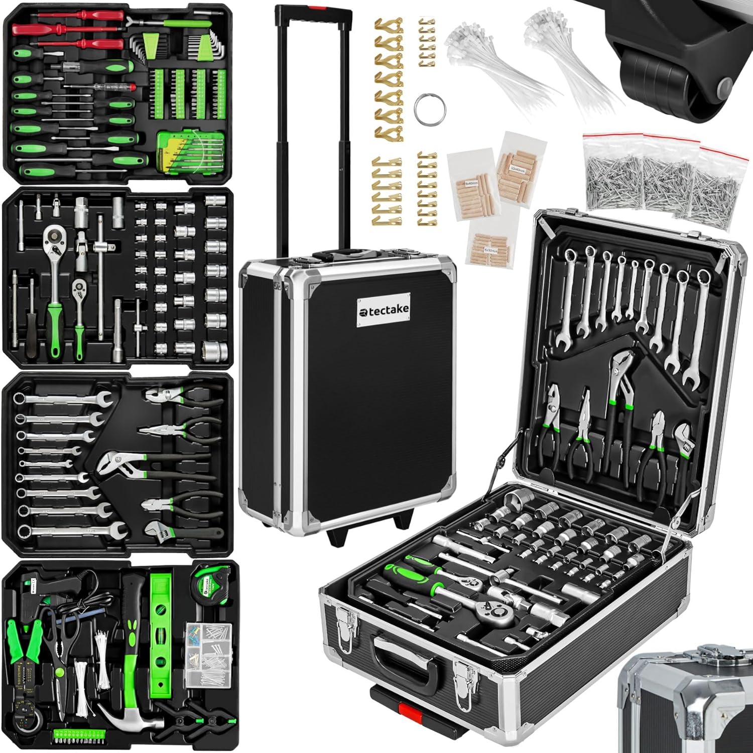 tectake Tool Box on Wheels, Complete Workshop Trolley with Tools 1200 Pieces – Workshop Storage Hand Tools DIY Screwdriver Bit Screwdriver Kit